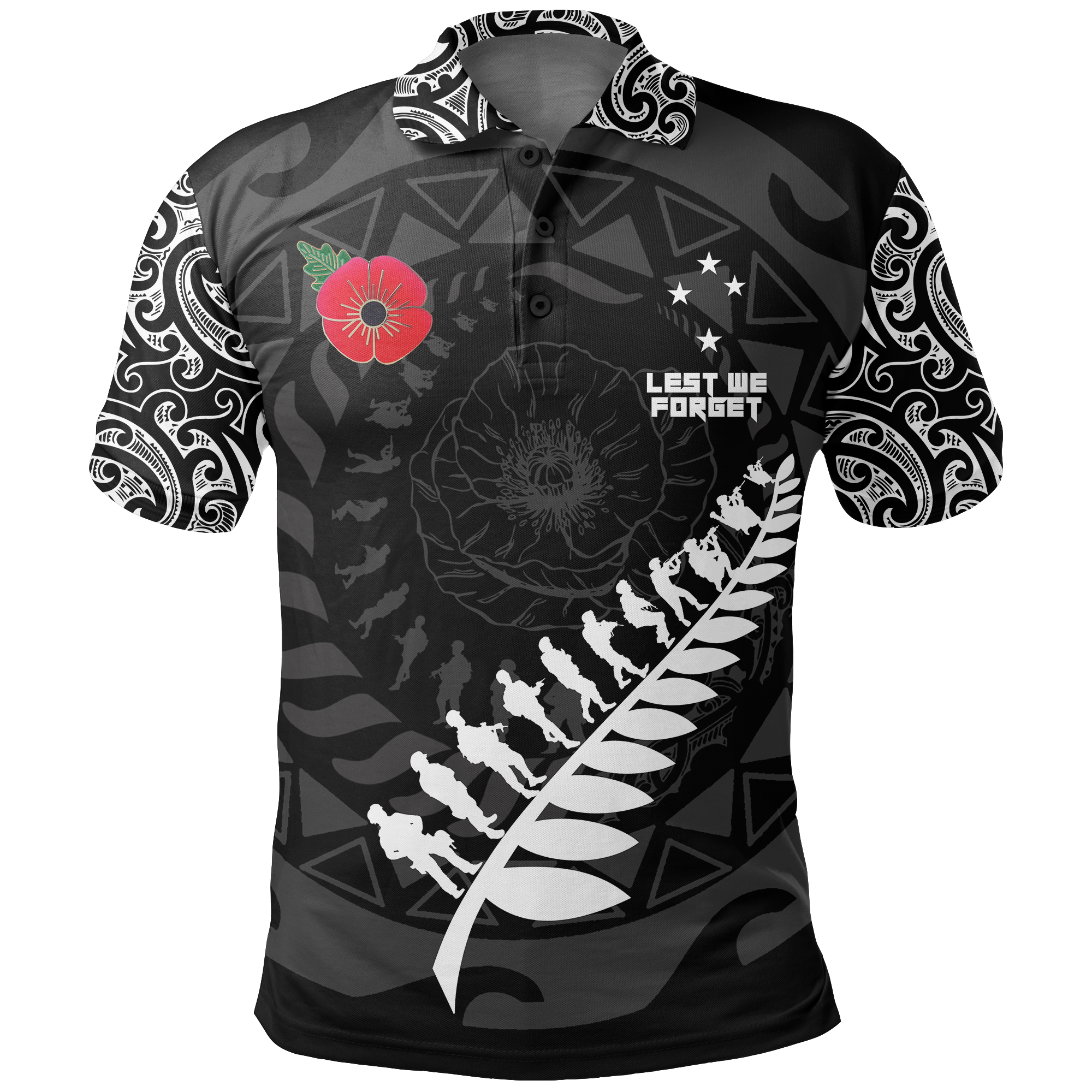New Zealand ANZAC Spirit Polo Shirt Lest We Forget Maori Tattoo Black - Polynesian Pride