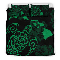 Hawaiian Map Turtle Hibiscus Green Bedding Set - Polynesian Pride