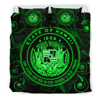 Hawaiian Hibiscus Flag Coat Of Arms Polynesian Bedding Set Green - Royal Style - Polynesian Pride