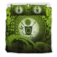 Cook Islands Duvet Cover Set - Cook Islands Coat Of Arms Wave and Hibiscus Green Green - Polynesian Pride