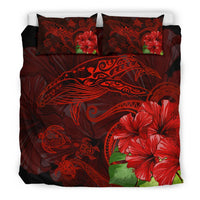 Hawaiian Hibiscus Whale Turtle Dance Polynesian Bedding Set - Red - Polynesian Pride