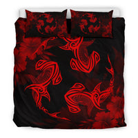 Hawaiian Hammerhead Shark Hibiscus Red Polynesian Bedding Set - Polynesian Pride