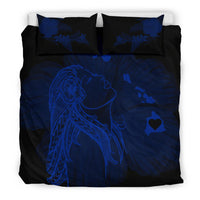 Hawaiian Map Heart Hula Girl Hibiscus Polynesian Bedding Set - Blue - Polynesian Pride