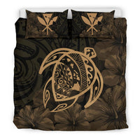 Hawaiian Map Turtle Kanaka Hibiscus Polynesian Bedding Set - Gold - Polynesian Pride