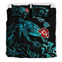 Hawaiian Map Turtle Hibiscus Ohana Honu Paua Shell Bedding Set - Polynesian Pride