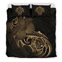 Hawaiian Map Turtle Hibiscus Divise Gold Polynesian Bedding Set - Polynesian Pride