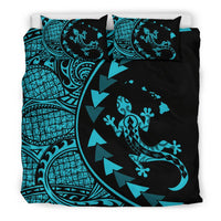 Hawaiian Map Gecko Tattoo Kakau Polynesian Bedding Set Blue - Polynesian Pride