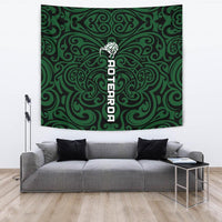 New Zealand Kiwi Tapestry, Maori Warrior Moko Wall Tapestry Large 104" x 88" Green - Polynesian Pride