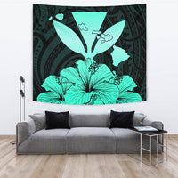 Hawaiian Kanaka Tapestry Hibiscus Polynesian Love Turquoise Wall Tapestry Large 104" x 88" Turquoise - Polynesian Pride
