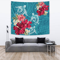 Hawaii Turtle Hibiscus Plumeria Blue Polynesian - Tapestry AH Wall Tapestry Blue - Polynesian Pride
