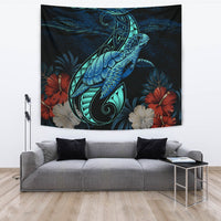 Hawaii Polynesian Honu Sea Hibiscus Tapestry Wall Tapestry Black - Polynesian Pride