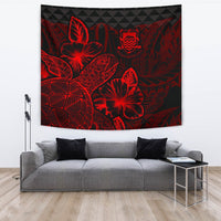 Tuvalu Tapestry - Turtle Hibiscus Pattern Red Wall Tapestry Large 104" x 88" Red - Polynesian Pride