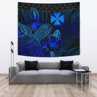 Wallis And Futuna Tapestry - Turtle Hibiscus Pattern Blue Wall Tapestry Large 104" x 88" Blue - Polynesian Pride