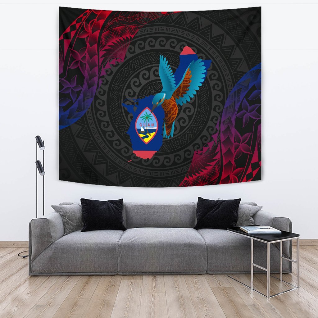 Guam Tapestry - KingFisher Bird With Map Wall Tapestry - Guam Black - Polynesian Pride