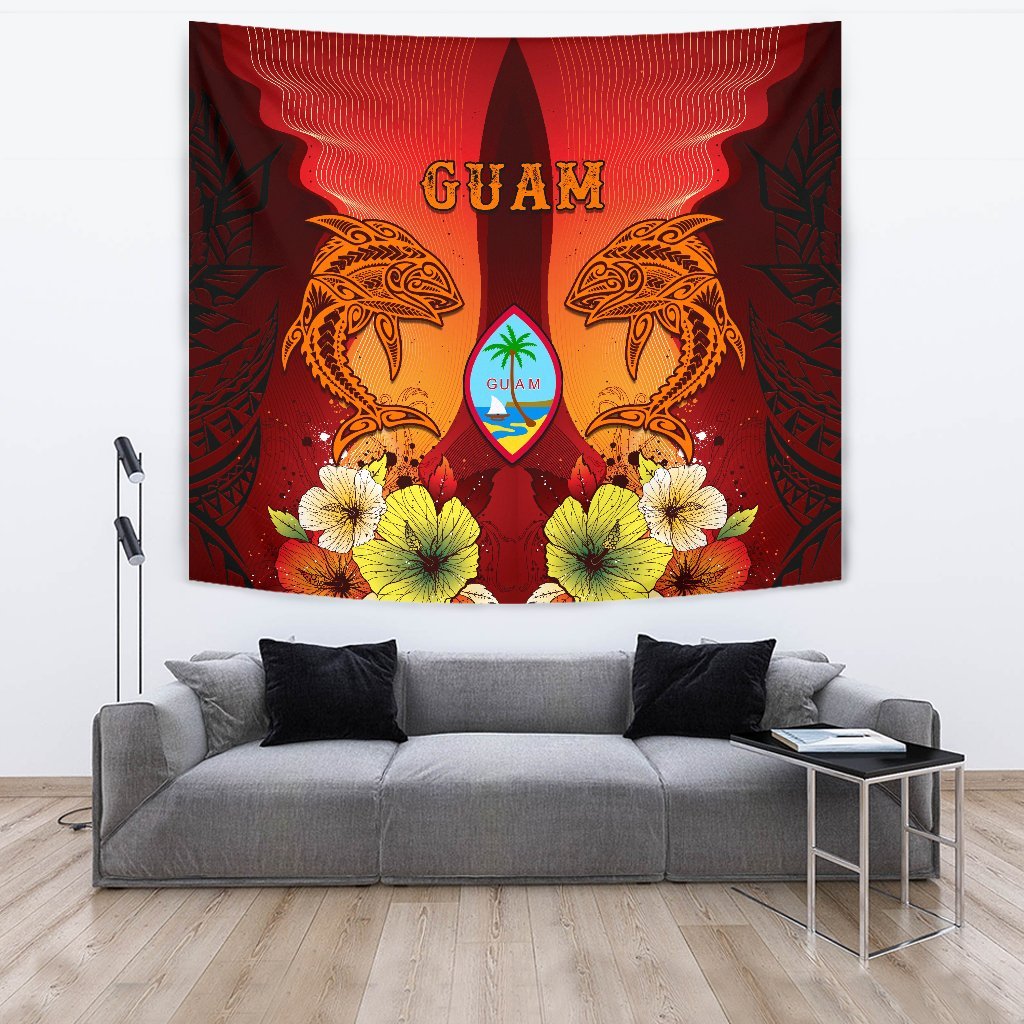 Guam Tapestries - Tribal Tuna Fish Wall Tapestry Orange - Polynesian Pride