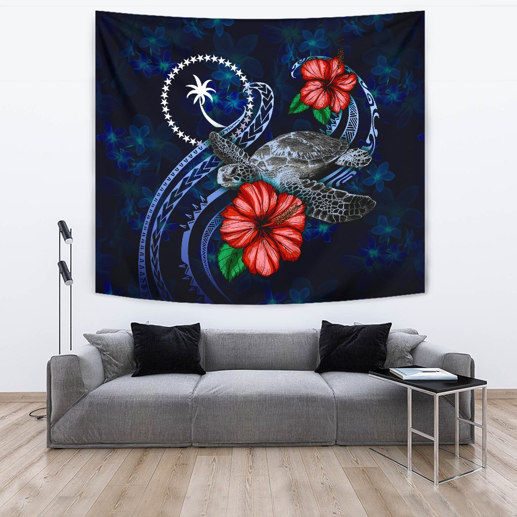 Chuuk Polynesian Tapestry - Blue Turtle Hibiscus One Style Large 104" x 88" Blue - Polynesian Pride