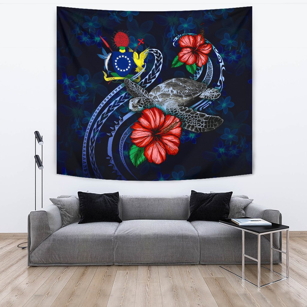 Cook Islands Polynesian Tapestry - Blue Turtle Hibiscus One Style Large 104" x 88" Blue - Polynesian Pride