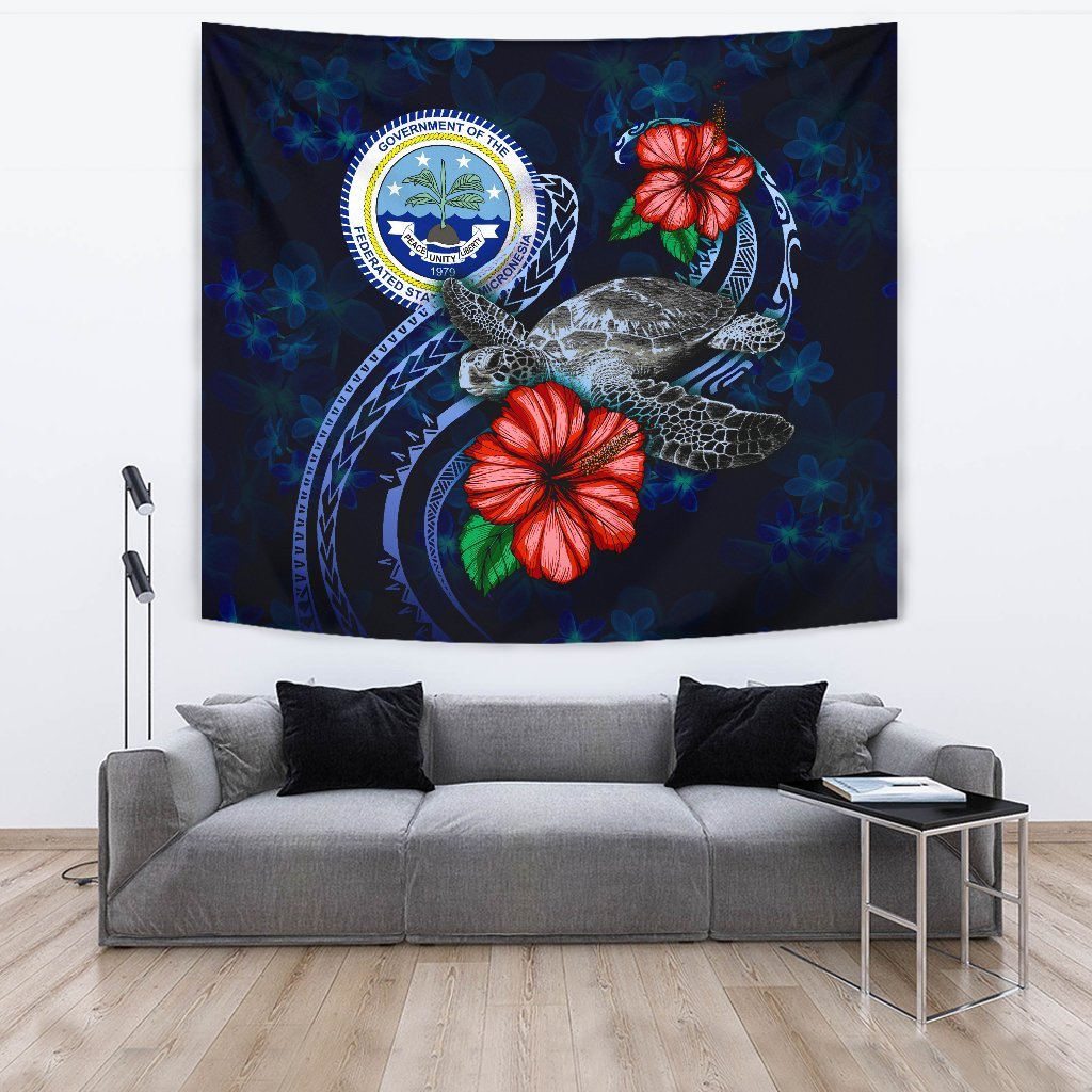 Federated States Of Micronesia Polynesian Tapestry - Blue Turtle Hibiscus One Style Large 104" x 88" Blue - Polynesian Pride