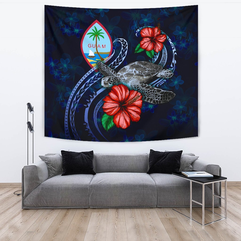 Guam Polynesian Tapestry - Blue Turtle Hibiscus One Style Large 104" x 88" Blue - Polynesian Pride