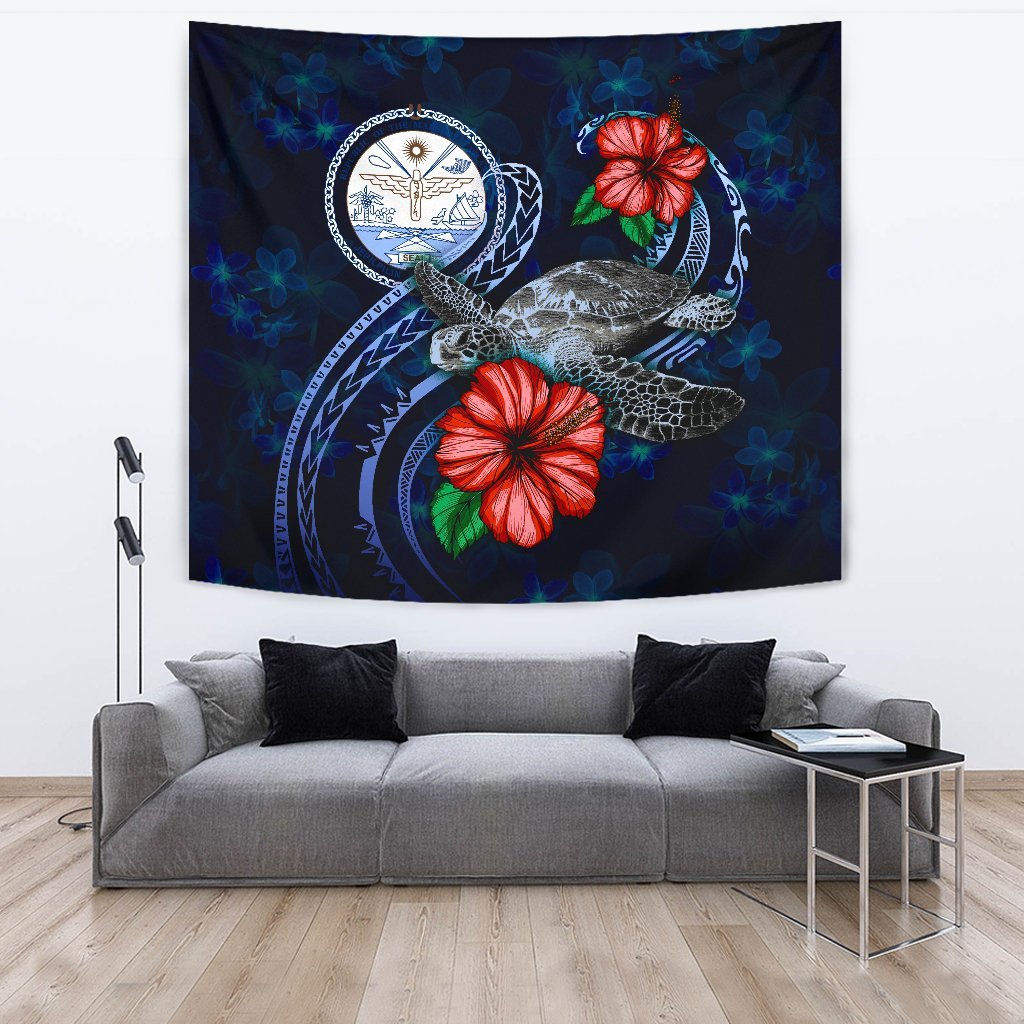 Marshall Islands Polynesian Tapestry - Blue Turtle Hibiscus One Style Large 104" x 88" Blue - Polynesian Pride