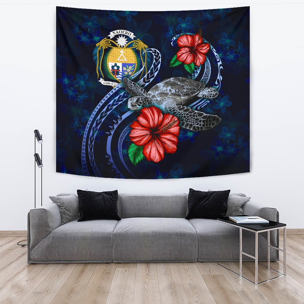 Nauru Polynesian Tapestry - Blue Turtle Hibiscus One Style Large 104" x 88" Blue - Polynesian Pride