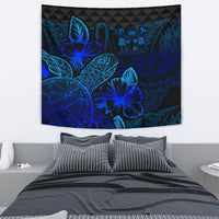 Fiji Tapestry - Turtle Hibiscus Pattern Blue Wall Tapestry Medium 80" x 68" Blue - Polynesian Pride
