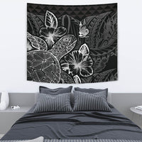 New Caledonia Tapestry - Turtle Hibiscus Pattern Black Wall Tapestry Medium 80" x 68" Black - Polynesian Pride