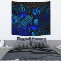 Tonga Tapestry - Turtle Hibiscus Pattern Blue Wall Tapestry Medium 80" x 68" Blue - Polynesian Pride