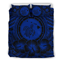 Hawaiian Map Honu Hibiscus Tropic Blue Polynesian Bedding Set Blue - Polynesian Pride