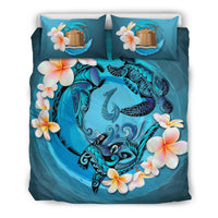 Polynesian Duvet Cover Set - Tokelau Bedding Set Blue Plumeria Animal Tattoo - Polynesian Pride