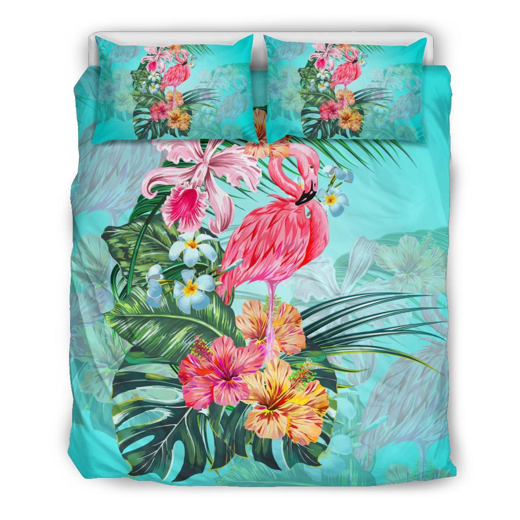 Hawaiian Flamingo Hibiscus Tropical Polynesian Bedding Set Blue - Polynesian Pride