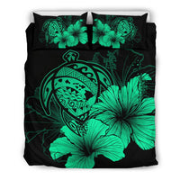 Hawaiian Map Hibiscus Turtle Polynesian Bedding Set - Pastel Green Green - Polynesian Pride
