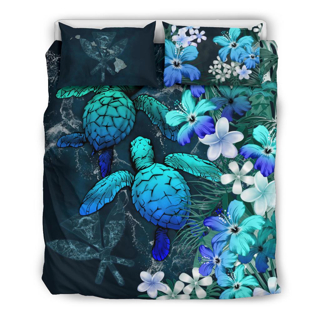 Kanaka Maoli (Hawaiian) Bedding set - Sea Turtle Tropical Hibiscus And Plumeria Blue Blue - Polynesian Pride
