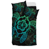 Hawaiian Hibiscus Turtle Wave Polynesian Bedding Set Green - Polynesian Pride