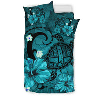 Hawaiian Map Big Turtle Hibiscus Plumeria Tribal Polynesian Bedding Set - Turquoise - Polynesian Pride
