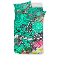 Hawaii Bedding Set - Turtle Plumeria Polynesian Tattoo Turquoise Color - Polynesian Pride