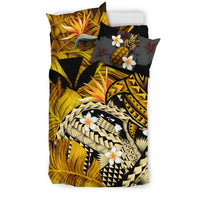 Kanaka Maoli (Hawaiian) Bedding Set, Polynesian Pineapple Banana Leaves Turtle Tattoo Yellow - Polynesian Pride
