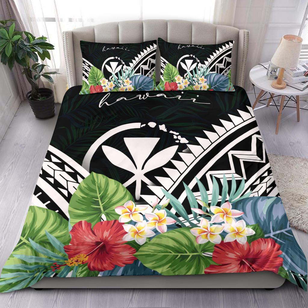 Hawaii Bedding Set - Hawaii Coat of Arms & Polynesian Tropical Flowers White White - Polynesian Pride