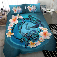 Polynesian Duvet Cover Set - Marshall Islands Bedding Set Blue Plumeria Animal Tattoo - Polynesian Pride