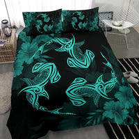 Hawaiian Hammerhead Shark Hibiscus Turquoise Polynesian Bedding Set - Polynesian Pride