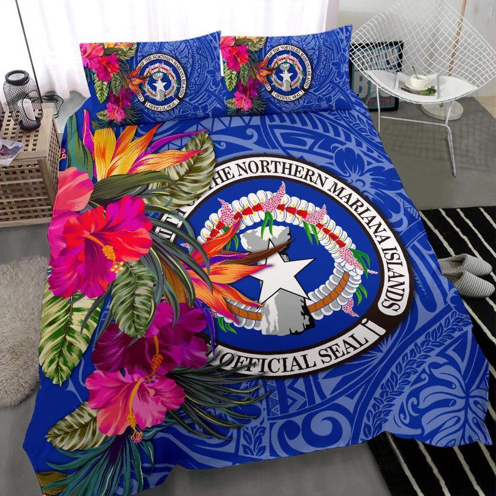 Northern Mariana Islands Bedding Set - Saipan Hibiscus Polynesian Pattern Blue Version Blue - Polynesian Pride