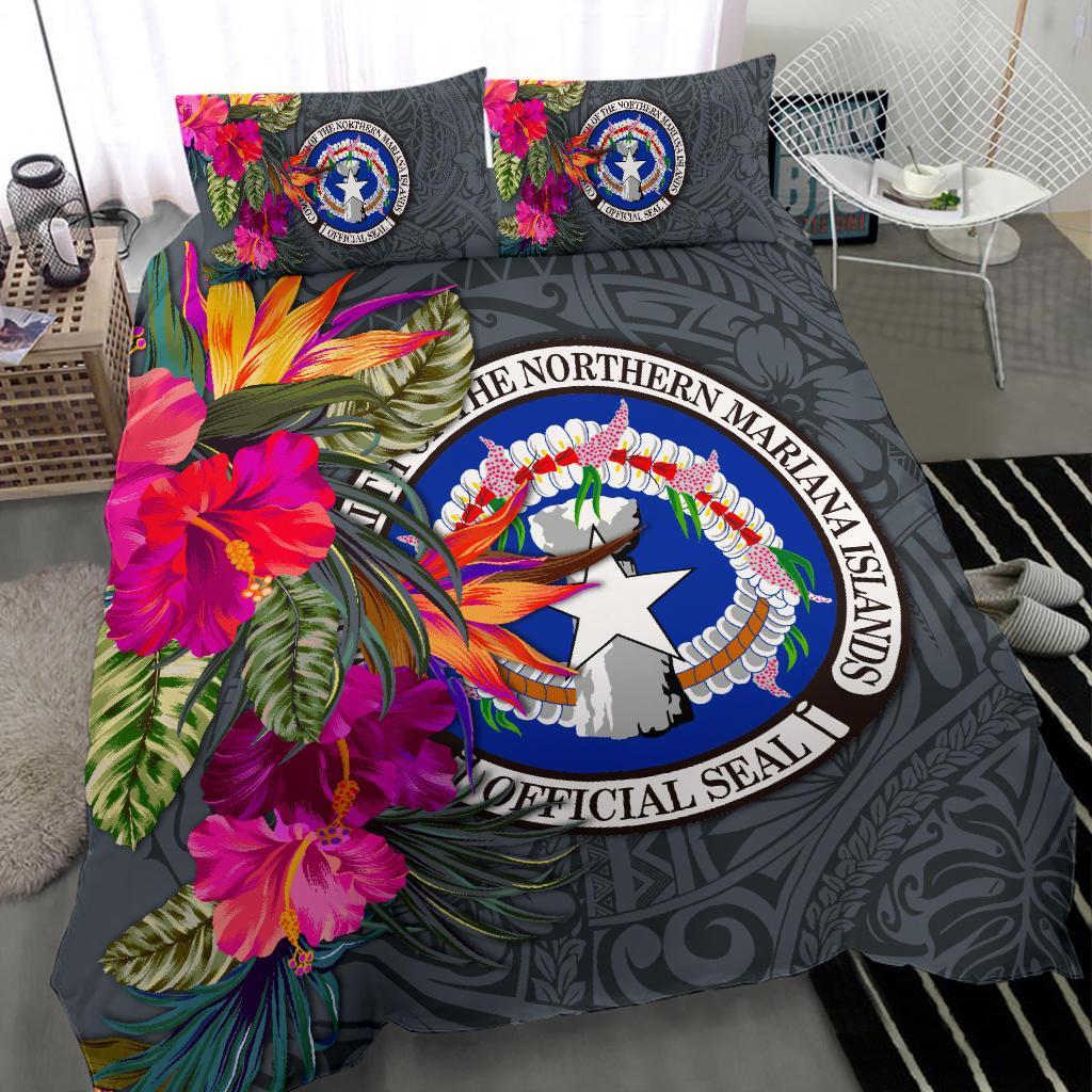 Northern Mariana Islands Bedding Set - Saipan Hibiscus Polynesian Pattern Gray Version Gray - Polynesian Pride