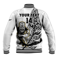 (Custom Text And Number) New Zealand Silver Fern Rugby Baseball Jacket All Black Maori Version White LT14 - Polynesian Pride