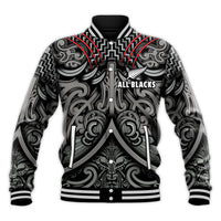 New Zealand Silver Fern Rugby Baseball Jacket All Black NZ Maori Pattern LT13 Unisex Black - Polynesian Pride