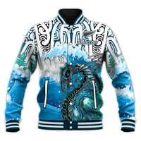 (Custom Personalised) Manaia Maori Baseball Jacket Fern Aotearoa Blue Waves LT13 Unisex Blue - Polynesian Pride