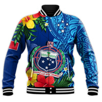 (Custom Personalised) Samoa Baseball Jacket Coat Of Arms Mix Tropical Flowers LT14 - Polynesian Pride