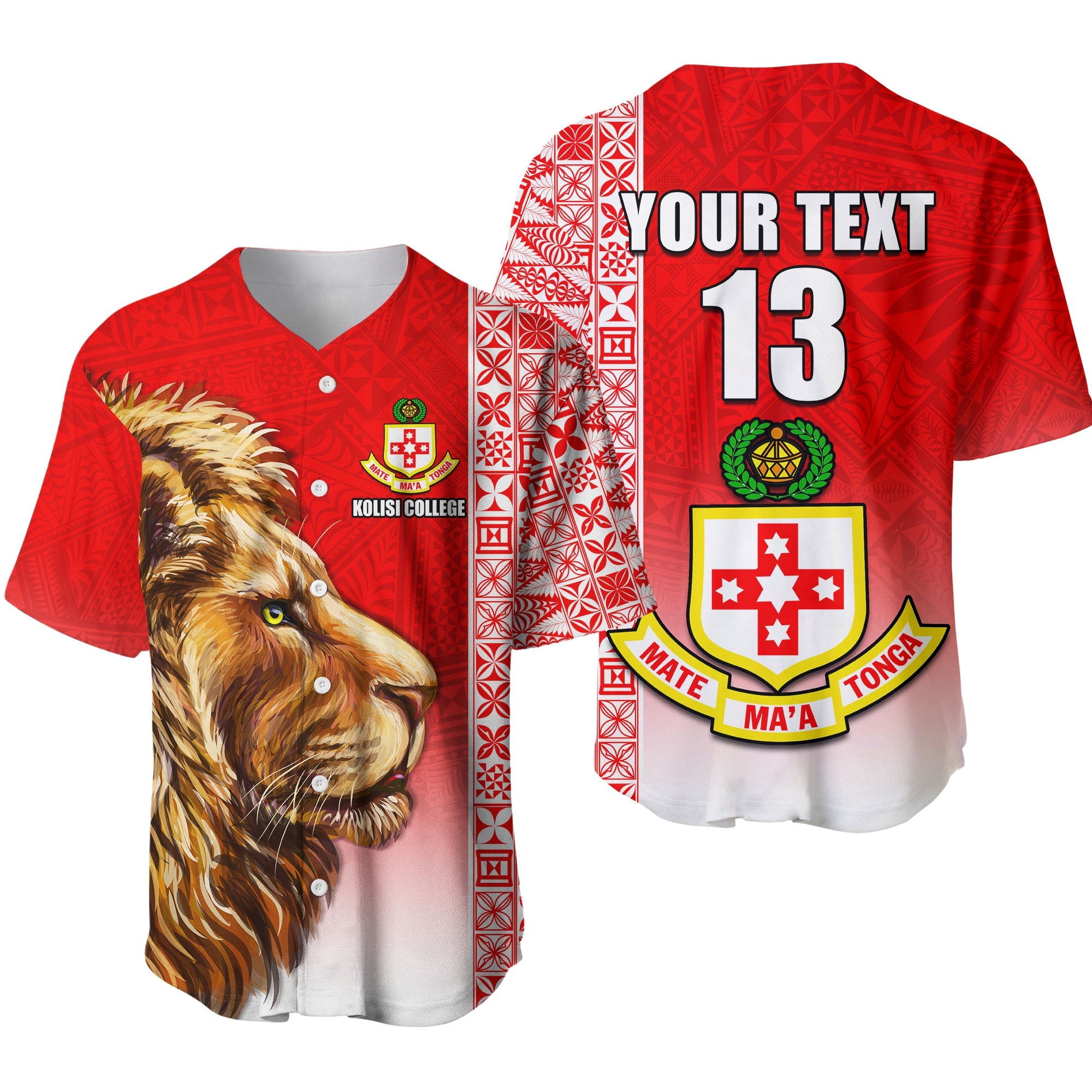 (Custom Text and Number) Kolisi Tonga College Atele Baseball Jersey Home of the Lions LT13 Red - Polynesian Pride