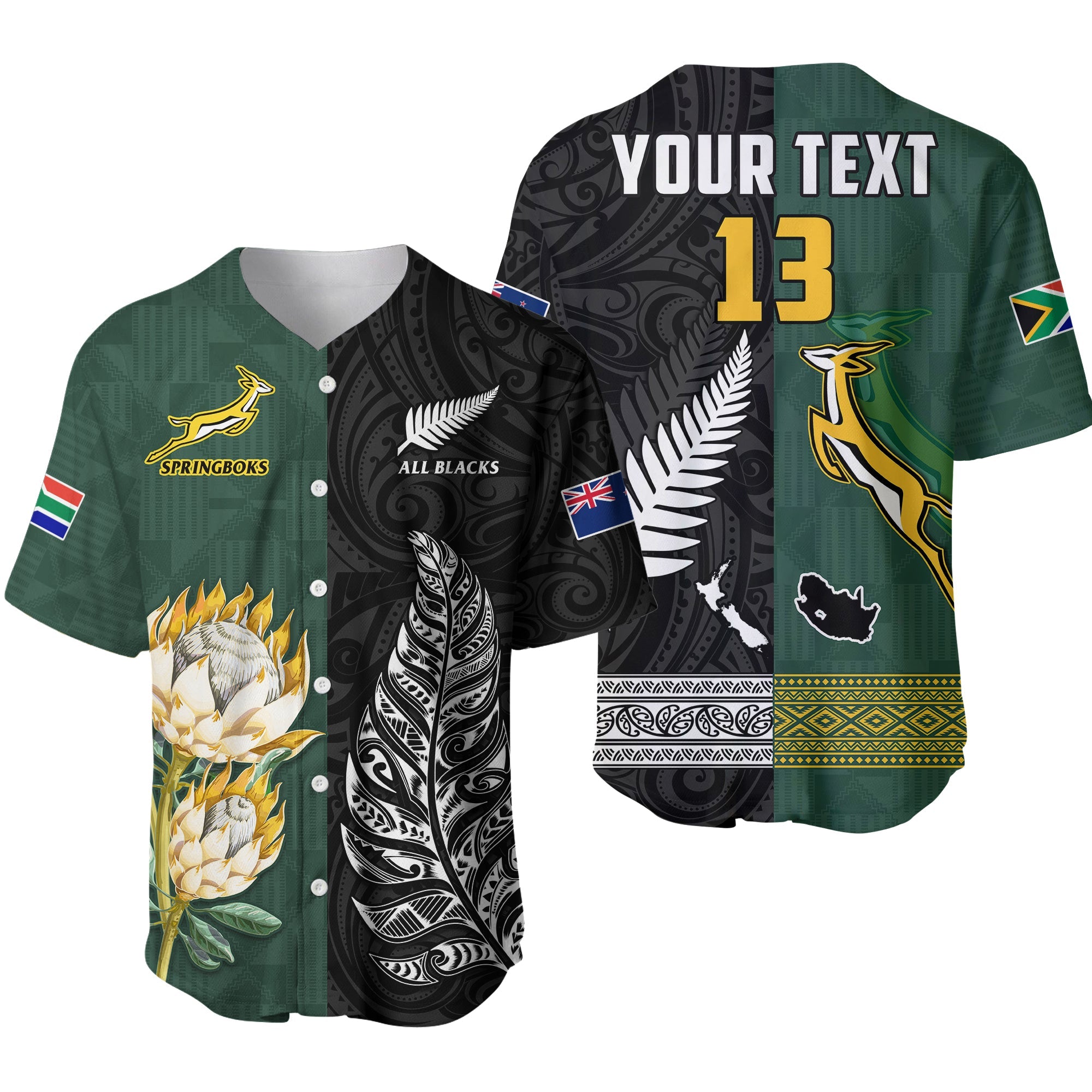 (Custom Text and Number) South Africa Protea and New Zealand Fern Baseball Jersey Rugby Go Springboks vs All Black LT13 Art - Polynesian Pride