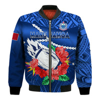 (Custom Text And Number) Samoa Rugby Bomber Jacket Manu Samoa Polynesian Hibiscus Blue Style LT14 - Polynesian Pride