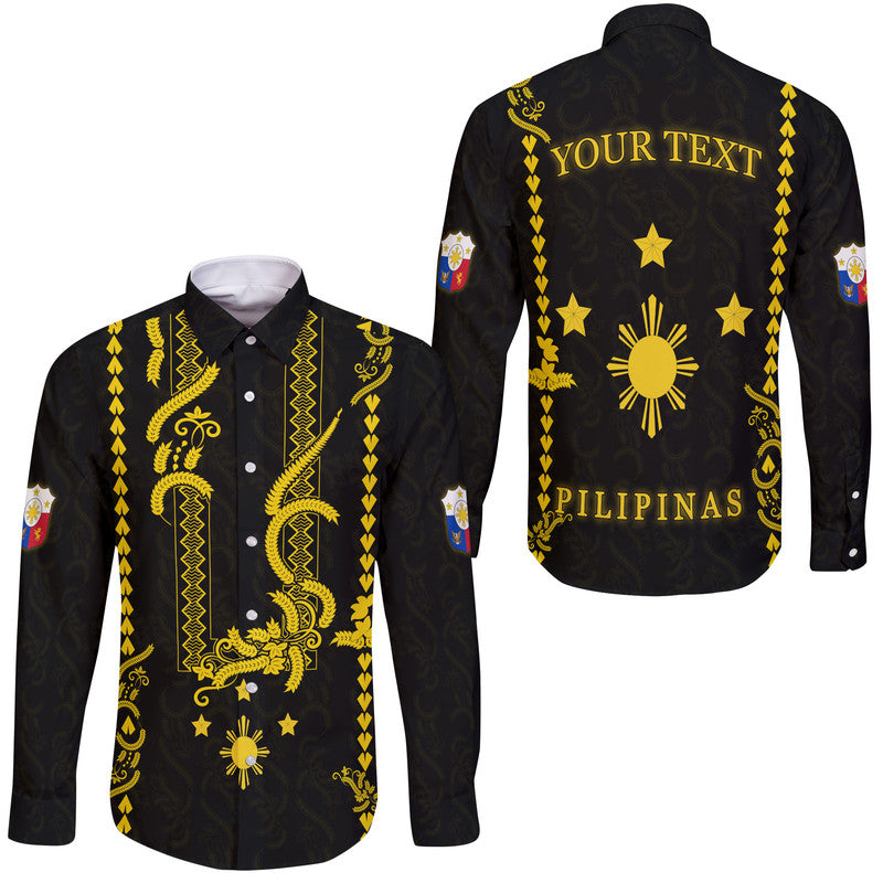 (Custom Personalised) Philippines Hawaii Long Sleeve Button Shirt Pechera With Side Barong Patterns LT9 Unisex Black - Polynesian Pride